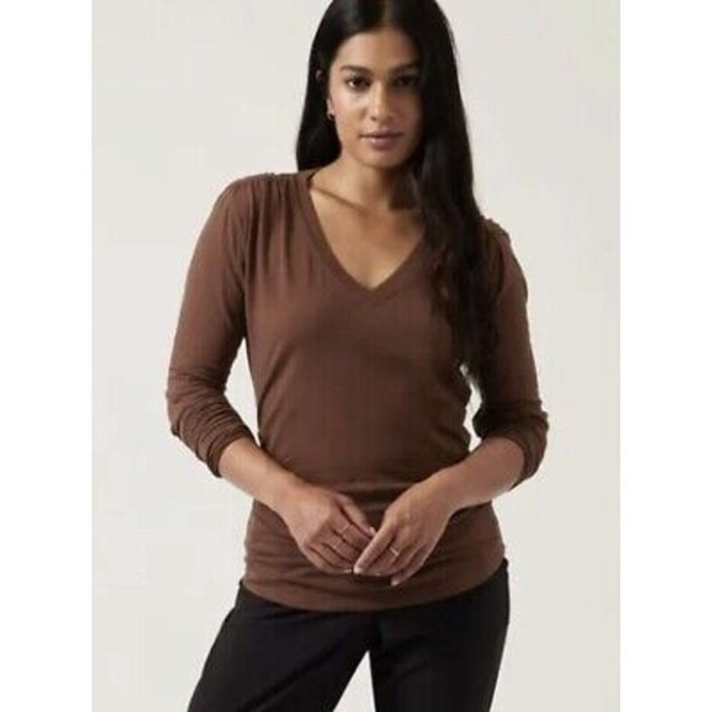 Athleta Outbound V Neck Shirt Top Brown Long Sleeve Womens 3X NWT